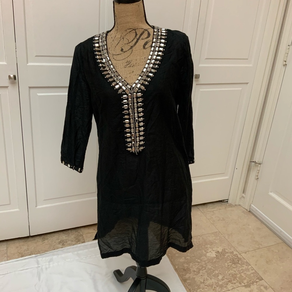 Swimsuit coverup in black with rhinestone trim